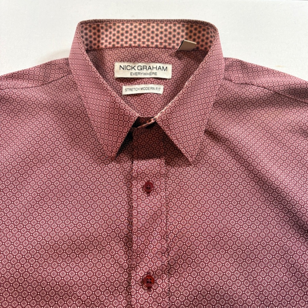 Nick Graham Dress Shirt Mens 2XL Burgundy Geometric Stretch Modern Fit Business